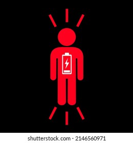 Red person with low battery symbol and pictogram. Metaphor of lack of energy, tiredness, demotivation, burnout and need to recharge. Sign as vector illustration isolated on black.