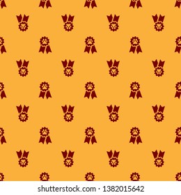 Red Pet award symbol icon isolated seamless pattern on brown background. Badge with dog or cat paw print and ribbons. Medal for animal. Vector Illustration