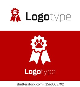 Red Pet award symbol icon isolated on white background. Badge with dog or cat paw print and ribbons. Medal for animal. Logo design template element. Vector Illustration