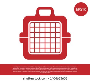 Red Pet carry case icon isolated on white background. Carrier for animals, dog and cat. Container for animals. Animal transport box. Vector Illustration