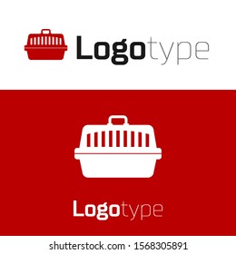 Red Pet carry case icon isolated on white background. Carrier for animals, dog and cat. Container for animals. Animal transport box. Logo design template element. Vector Illustration