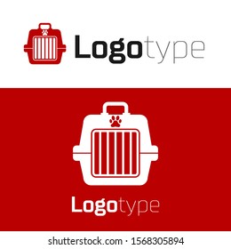 Red Pet carry case icon isolated on white background. Carrier for animals, dog and cat. Container for animals. Animal transport box. Logo design template element. Vector Illustration