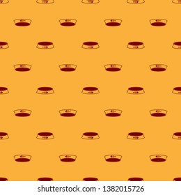 Red Pet food bowl for cat or dog icon isolated seamless pattern on brown background. Fish skeleton sign. Vector Illustration