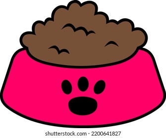 Red Pet Food Bowl. Vector Illustration. Cartoon Style. Clip Art Dish With Pet Food. Outline.