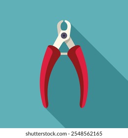 Red pet nail clipper with a long shadow on a blue background, perfect for illustrating pet grooming