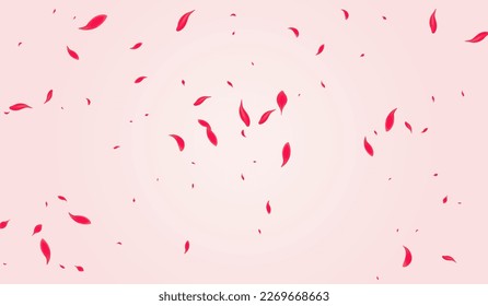 Red Petal Vector Pink Background. Fly Rose Backdrop. Coral Sakura Falling Banner. Ruby Japanese Blossom Pattern.