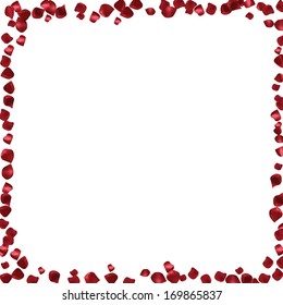 Red petals on a white background. Abstract frame with place for text  
