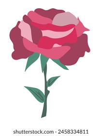 Red petals rose in flat design. Blooming flower on green twig with leaf. Vector illustration isolated.