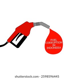 A red petrol pump is dispensing red fuel oil with the words "fuel oil corruption in Indonesia. Illustrate the case of fuel oil corruption in Indonesia.