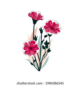 Red petunia floral bouquet with dark and light leaves isolated on white background.
