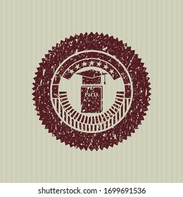 Red Phd thesis icon inside distressed rubber grunge stamp