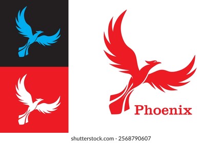 red phoenix bird flying logo, silhouette of great abstract bird vector illustrations