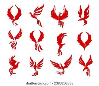 Red phoenix bird icons, firebird flying on fire flame wings, vector corporate emblems. Phoenix or creative falcon, hawk and eagle bird silhouette symbols for fashion brand or luxury boutique label