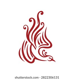 Red phoenix bird illustration with flame‑like wings and tail, smooth curved lines, and symmetrical design symbolizing rebirth, transformation, and elegance.