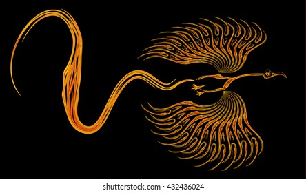 Red phoenix is flying in the black background. Vector