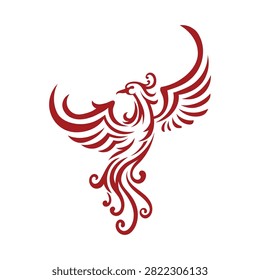 Red phoenix illustration with upward wings and flowing tail feathers, symbolizing rebirth, renewal, and strength in a graceful symmetrical design.