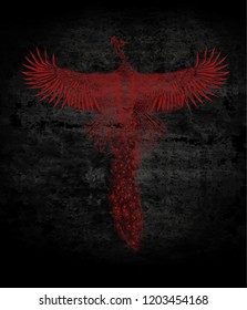 Red phoenix on the dark background.sketch for tattoo.rock-painting.Hand drawn flying peacock on stone backdrop.Grunge texture.To be used for design card of tattoo salon.Print for t shirt.Rock pattern