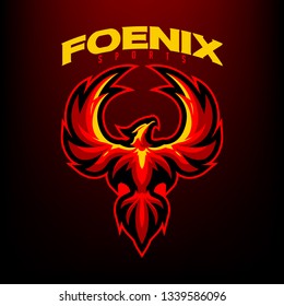 Red Phoenix with text for esport and sport mascot logo isolated on dark Red Background