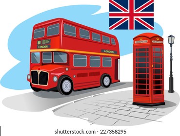 red phone booth and red bus in London