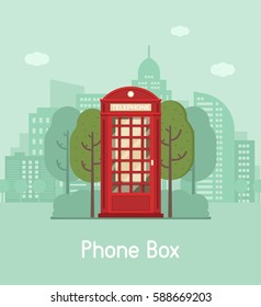 Red phone booth vector illustration. Classic phonebox on modern city background. Vintage public telephone cabin on downtown landscape. Telephone communications concept.