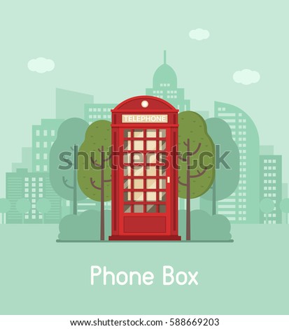 Red phone booth vector illustration. Classic phonebox on modern city background. Vintage public telephone cabin on downtown landscape. Telephone communications concept.