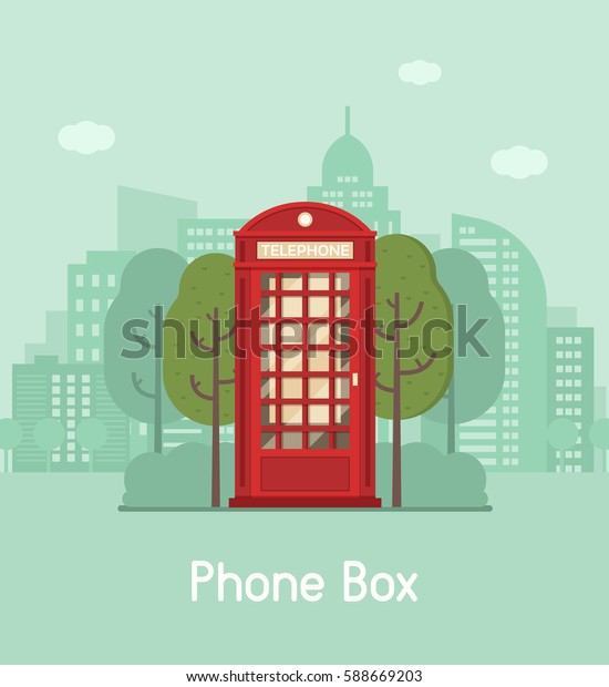 赤い電話のブースのベクターイラスト 現代の都市の背景に古い電話ボックス 繁華街の風景にビンテージ公衆電話のキャビン 電話通信のコンセプト のベクター画像素材 ロイヤリティフリー