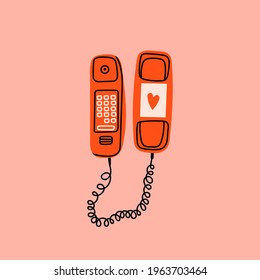 Red Phone with buttons and heart. Communication device. Classic wired telephone. Retro vintage style Icon. Hand drawn Vector illustration. Pre-made Card or T-shirt Print template