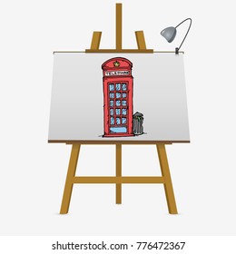 Red phone cabin icon in cartoon style. England country symbol stock vector illustration.