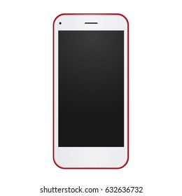 Red phone concept with empty blank screen to present your app, design. Vector realistic template.