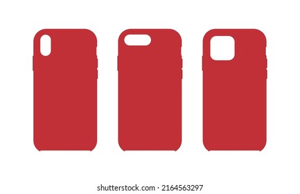 Red phone cover. Phone case. Mockup of silicone smartphone case. Mock up of cellphone hard cover. Different Mockups isolated on white background. Vector.