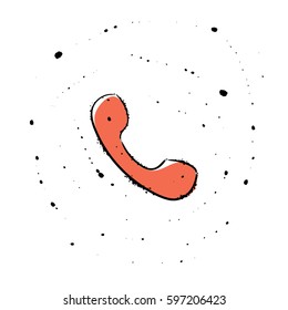 Red phone. Grunge style icon with drops. Doodle vector.