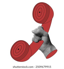 Red phone handset and trendy Halftone effect hand. Modern Halftone collage Business template art with telephone isolated transparent. Vector illustration. EPS 10