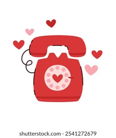 Red phone with a heart pattern.  Flat vector illustration.