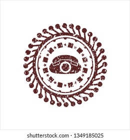 Red phone icon inside distressed rubber grunge texture stamp