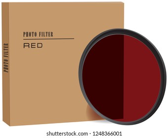 Red photo filter with cardboard packaging. Vector illustration.