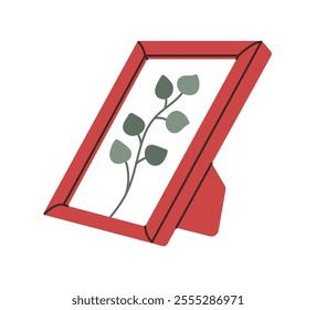 Red photo frame with eucalyptus branch. Herbarium concept. Hand drawing vector flat illustration