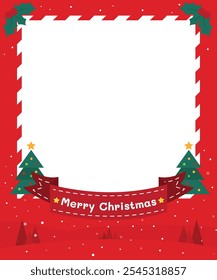 Red Photocall Polaroid Frame For Christmas Festive With Red And White Striped Border, Christmas Trees, Holly berries Leaves, Ribbon and Snow