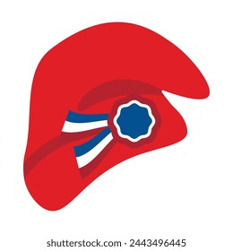 Gorra frigia roja aislada sobre fondo blanco, gorro de libertad con escarapela rojo blanco y azul. Estilo plano de la historieta, ilustración vectorial