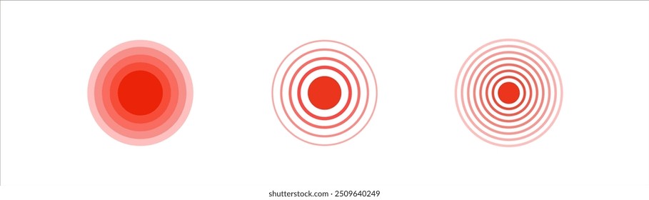 Red physical pain cirlce set on white background. Medicine, painkiller drugs, headache, sick symbol. Pain localization, muscle, stomachache. Flat colored vector.