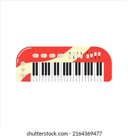 Red Piano Keyboard. Cartoon Musical Synthesizer. Vector Illustration Isolated On White.