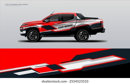 Red pick up truck truck double cabin branding sport rally Pick up truck touch of black, mockup with racing wrap decal or livery design.