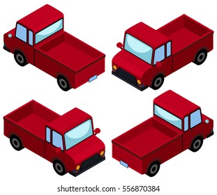 Red pick up trucks from four different angles illustration