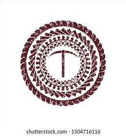 Red pickaxe icon inside distressed grunge stamp