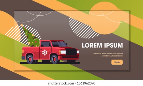 red pickup car with fir tree merry christmas happy new year preparation for winter holidays concept horizontal copy space vector illustration