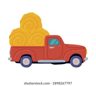 Red Pickup Loaded with Hay Bales, Agricultural Machinery Cartoon Style Vector Illustration