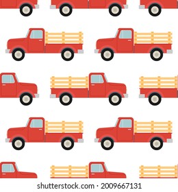 Red pickup seamless pattern isolated on white background. Pickup truck vintage. Vector illustration