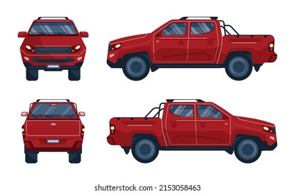 Red pickup set. Massive car for transportation and trucking. Front, back and two side views. Flat vector illustration