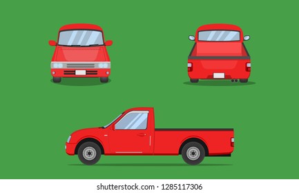 Red Pickup Truck Car Front Side Back View Transport Vector Illustration Eps10