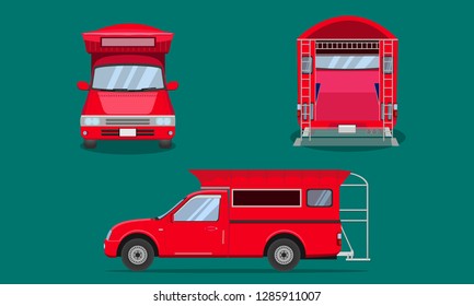 red pickup truck with car steel grating plastic top cover passenger front side back view transport chiang mai vector illustration eps10