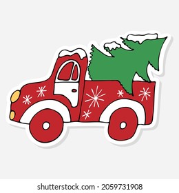Una camioneta roja lleva un árbol en la parte trasera para las celebraciones de Nochevieja. Dibujar garabatos con el coche de dibujos animados de Navidad y el pino. Para pegatinas, etiquetas o emblemas. Concepto de vector. Impresión decorativa.